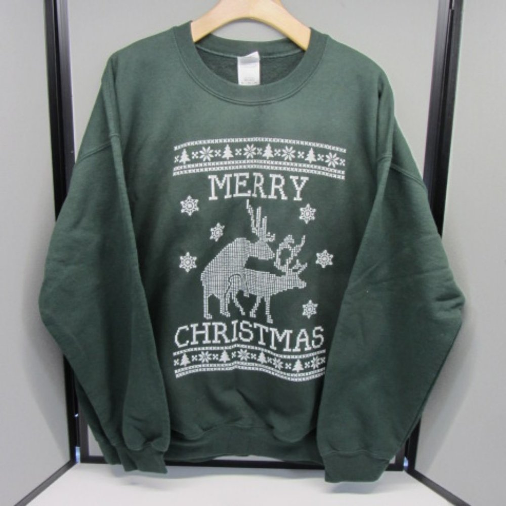Ugly Tacky Tasteless Merry Christmas Reindeer Mating Sweater. Size XL.